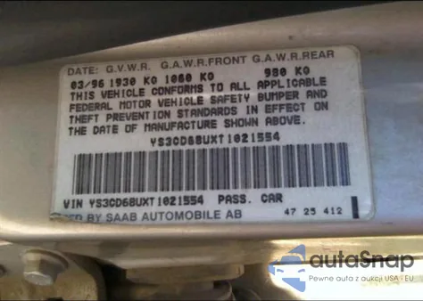 1996 Saab 9000 Cs z USA, uszkodzony, nr VIN YS3CD68UXT1021554